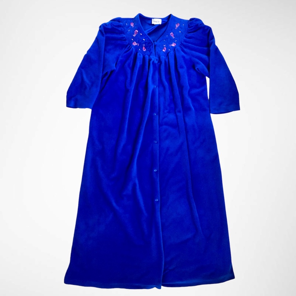 Vanity Fair Vintage Dark Blue Embroidered Long House Coat Pockets Button Up Soft